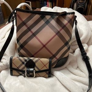 BURBERRY NOVA CHECK BLACK PATENT DRYDEN CROSSBODY with matching wallet